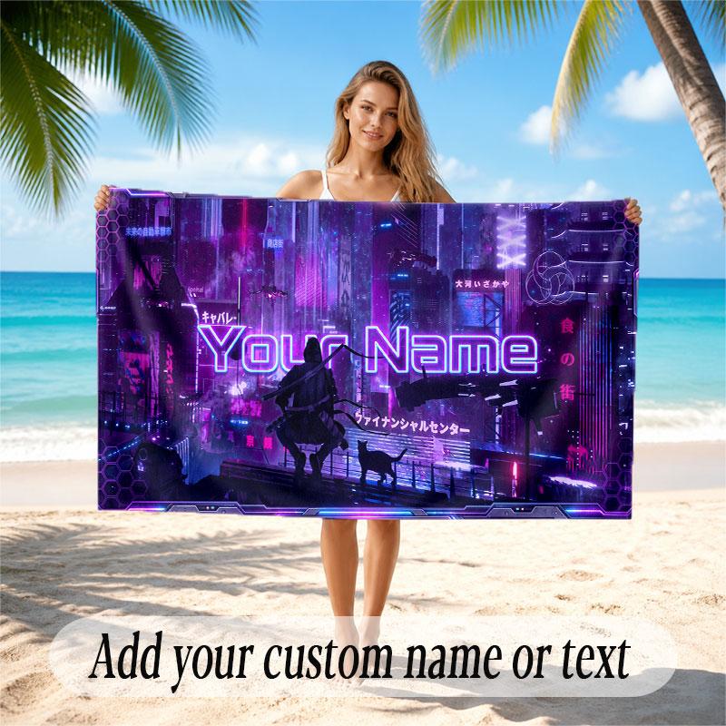 City Cyberpunk Theme Soft Beach Towel Personalized Custom Name Text Towel Portable for Beach Pool Travel
