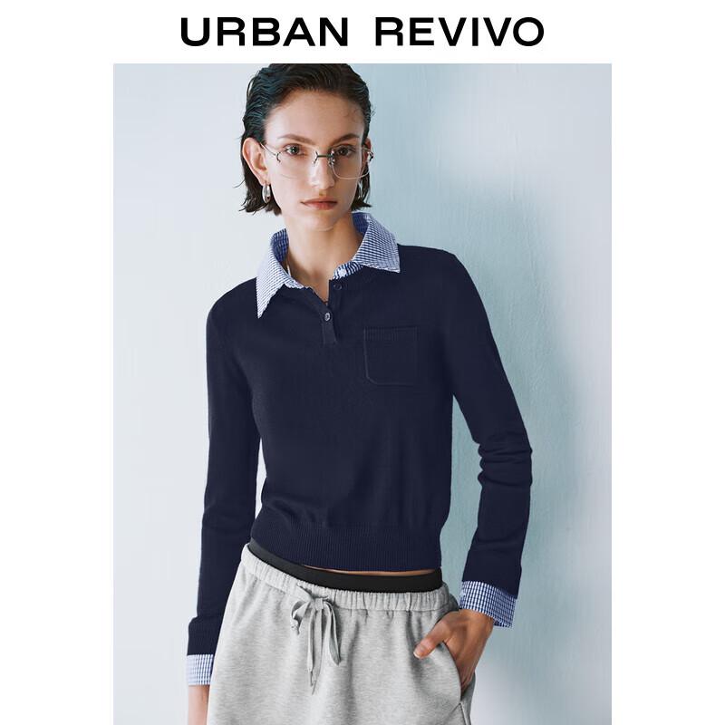 UR 2025 Spring Women's Academia Style Spliced Plaid Knit Sweater