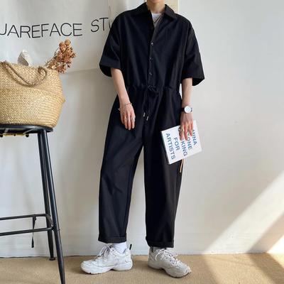 Men's Spring and Autumn Models Solid Colour Workwear Jumpsuit Nine Trousers Loose Half-sleeve Button Jumpsuit Trousers