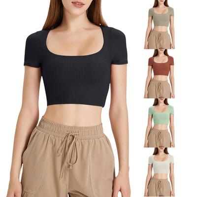 Women's Square Neck Basic Outing Cropped Top Cap Sleeve T-Shirt Summer Clothing