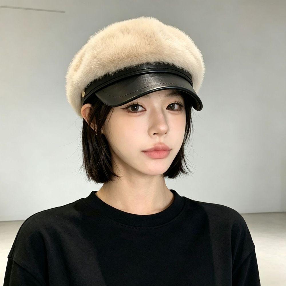 PU Brim Newsboy Cap Adjustable Navy Hat Soft Touch Beret Cap Winter Daily