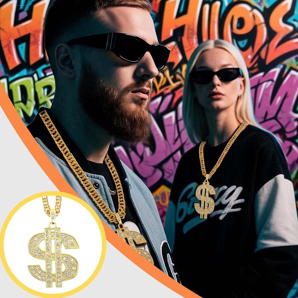 Money Chain Necklace Dollar Sign Chain Gold Dollar Sign Necklace Hip Hop Gold Money Chains For Men With Pendant, Long Big Fake Gold Necklace