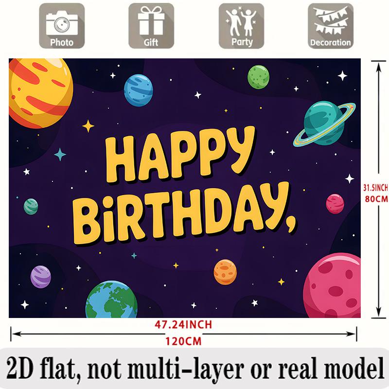 Space Theme Birthday Banner, Colorful Planets Stars Backdrop Wall Decor for Kids