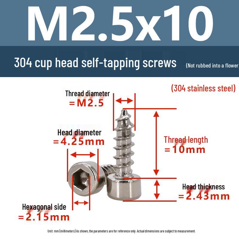 304 Pan Head Self-Tapping Coarse Thread Screw M1.7-M6 with Hex Socket