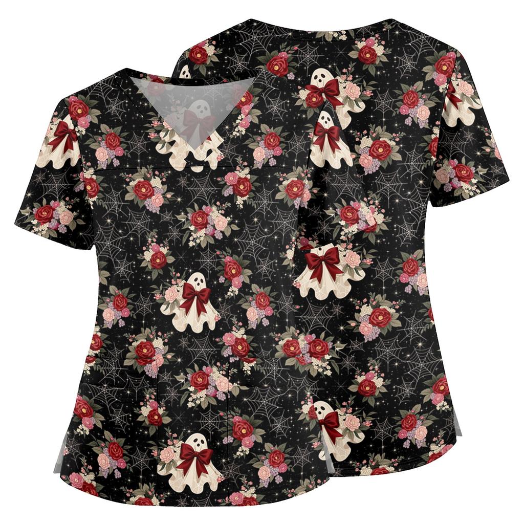 Women's Halloween Print V Neck Medical Scrub Top with Pockets Side Slits Short Sleeve Nurse Uniform Shirt for Healthcare Professionals