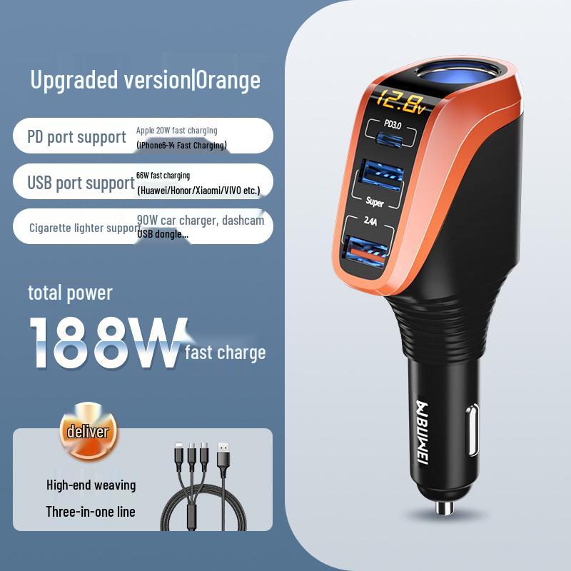 Fast Charging Car Cigarette Lighter Adapter: 1-to-3 Converter with 2 USB Ports