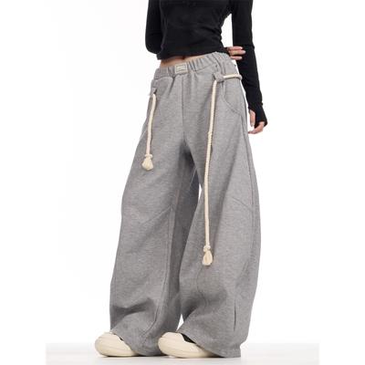 Casual Straight Drag Pants Women Vintage Cotton Solid Color Sweatpants Autumn High Street Gray Wide Leg Machete Pants