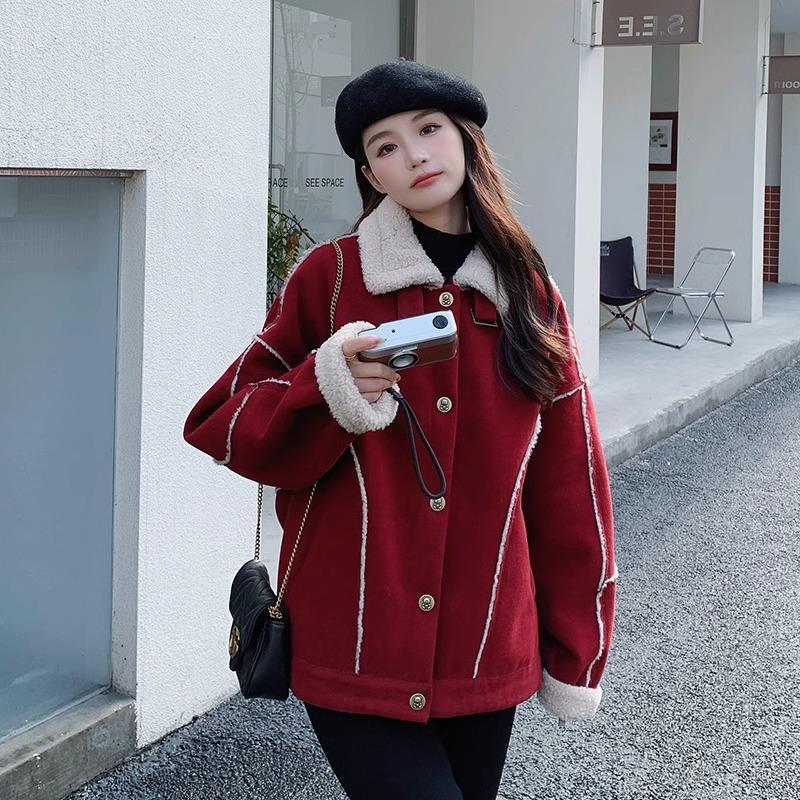 Red Wool Patchwork Parker Cotton Winter Women's Jacket with Velvet-thickened Street Style American Vintage Cotton Jacket