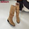 Fashion Fashion Flock Women Knee High Boots With Square Heel Shoes Female Slip On Ladies Modern Long Boots Shoes Big Size 43  Lady
