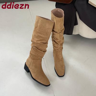 Mode Mode Flock Damen Kniehohe Stiefel Mit Blockabsatz Schuhe Damen Slip On Damen Moderne Lange Stiefel Schuhe Große Größe 43 Dame