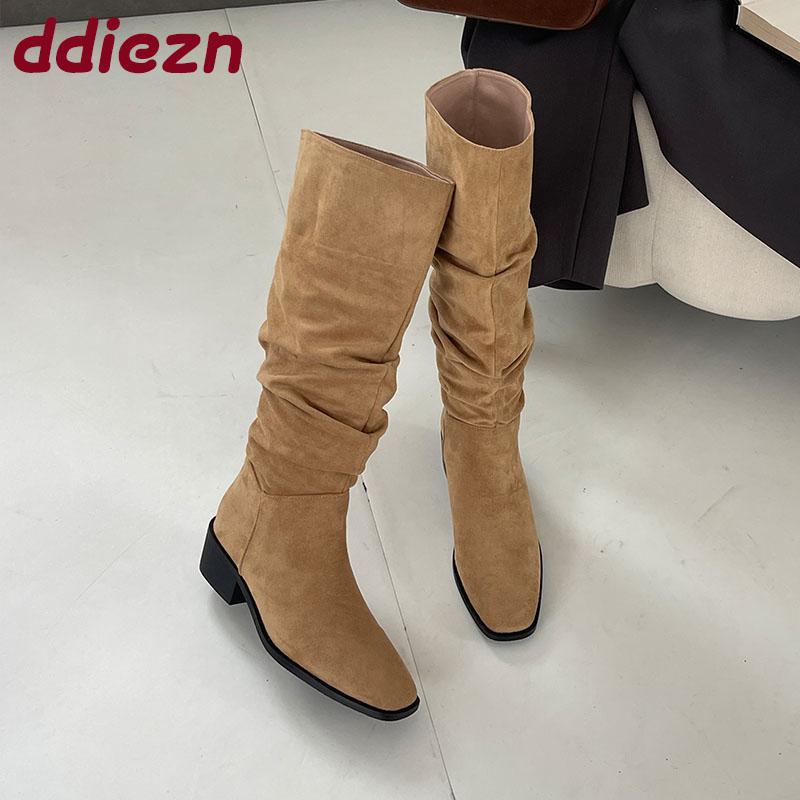 Mode Mode Flock Damen Kniehohe Stiefel Mit Blockabsatz Schuhe Damen Slip On Damen Moderne Lange Stiefel Schuhe Große Größe 43