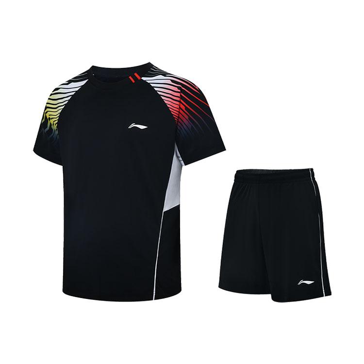 Li-Ning Printed Quick-Dry Round Neck Short Sleeve Casual Sports Suit Unisex Suit Black AATU055-1