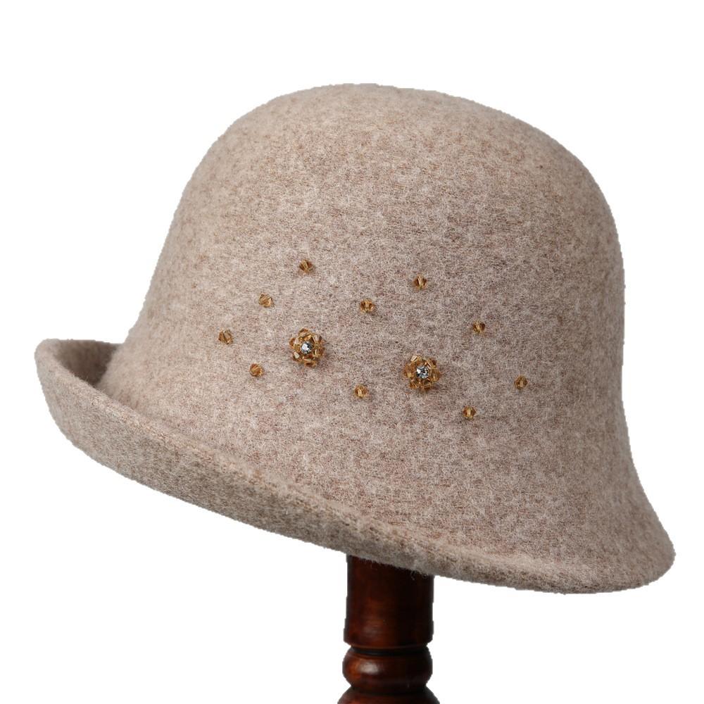 Autumn and Winter New Style Hat Handmade Rhinestone Decoration Wool Warm Fisherman Hat Elegant Curled Brim Bucket Hat for Women