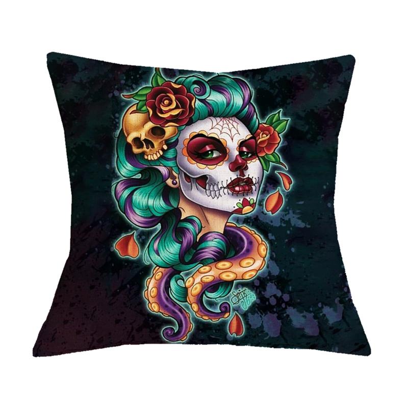 Undead Flower Skeleton Print Pattern Cushion Cover for Home Living Room Sofa Decoration Square Pillow Cover
