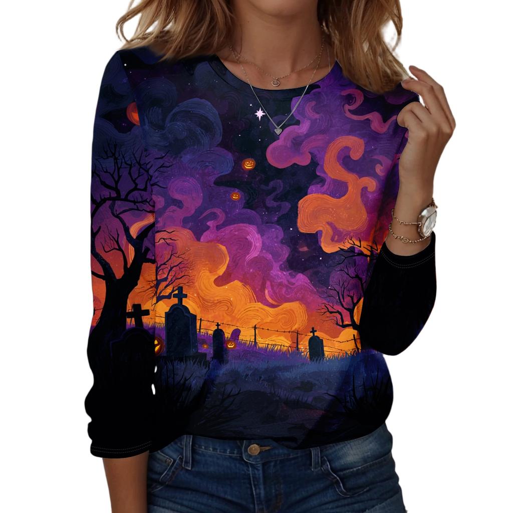 Women's Fashion Casual Long Sleeve Halloween Print Pullover Sweatshirt Crew Neck Top for Fall Seasonal Wear