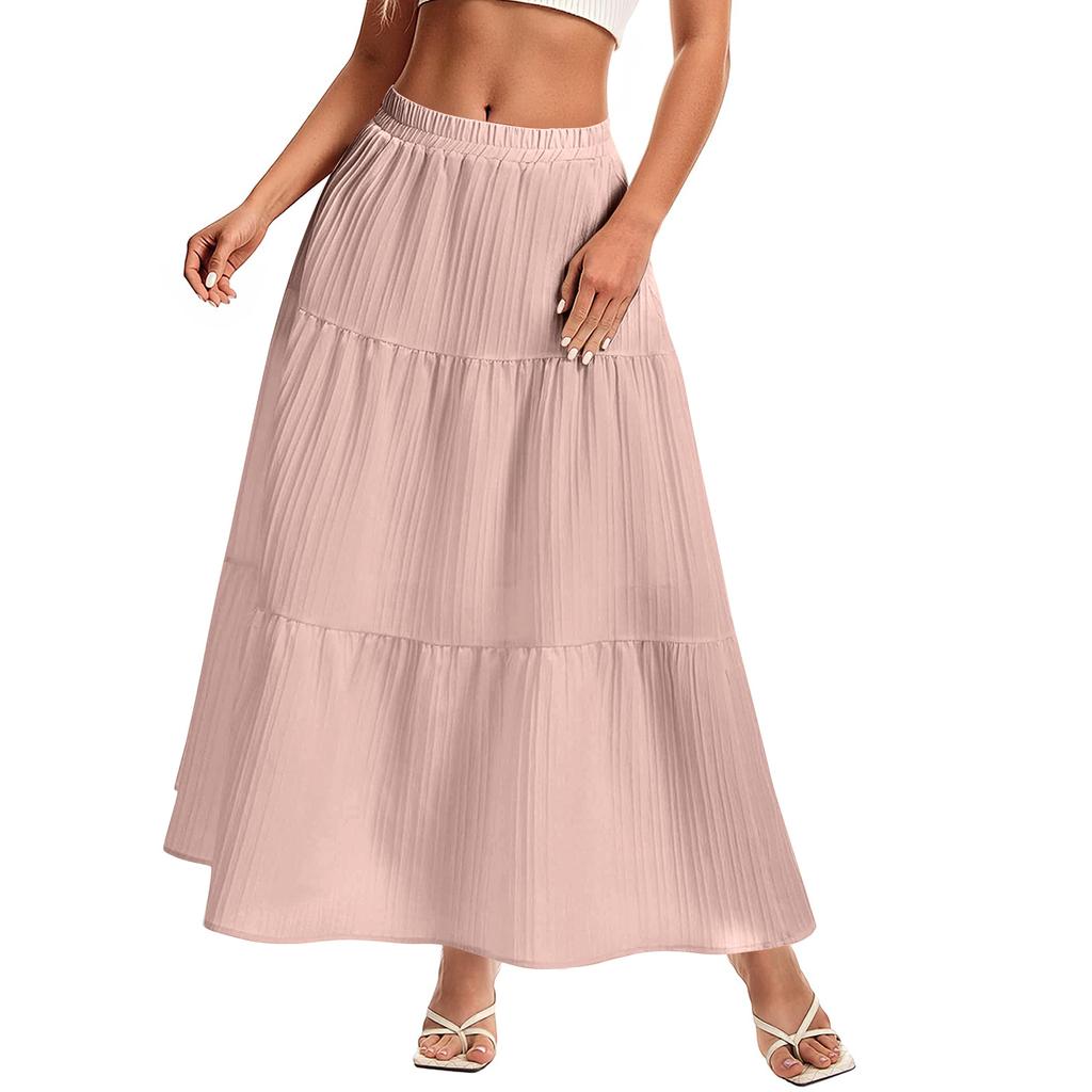 Women's High Waist Pleated Maxi Skirt Elastic Waistband Flowy Lightweight Long Skirt Tiered A Line Design Suitable for Casual and Daily Wear