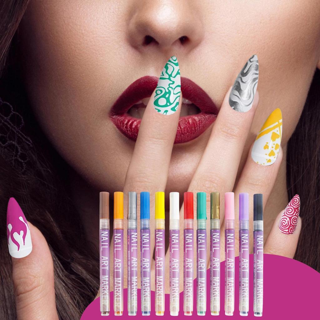 12Pcs/Set Nail Acrylic Graffiti Pen Colourful Nail Marker Drawing DIY Beauty NailArt Tool Waterproof And Quick Drying Nail Mark