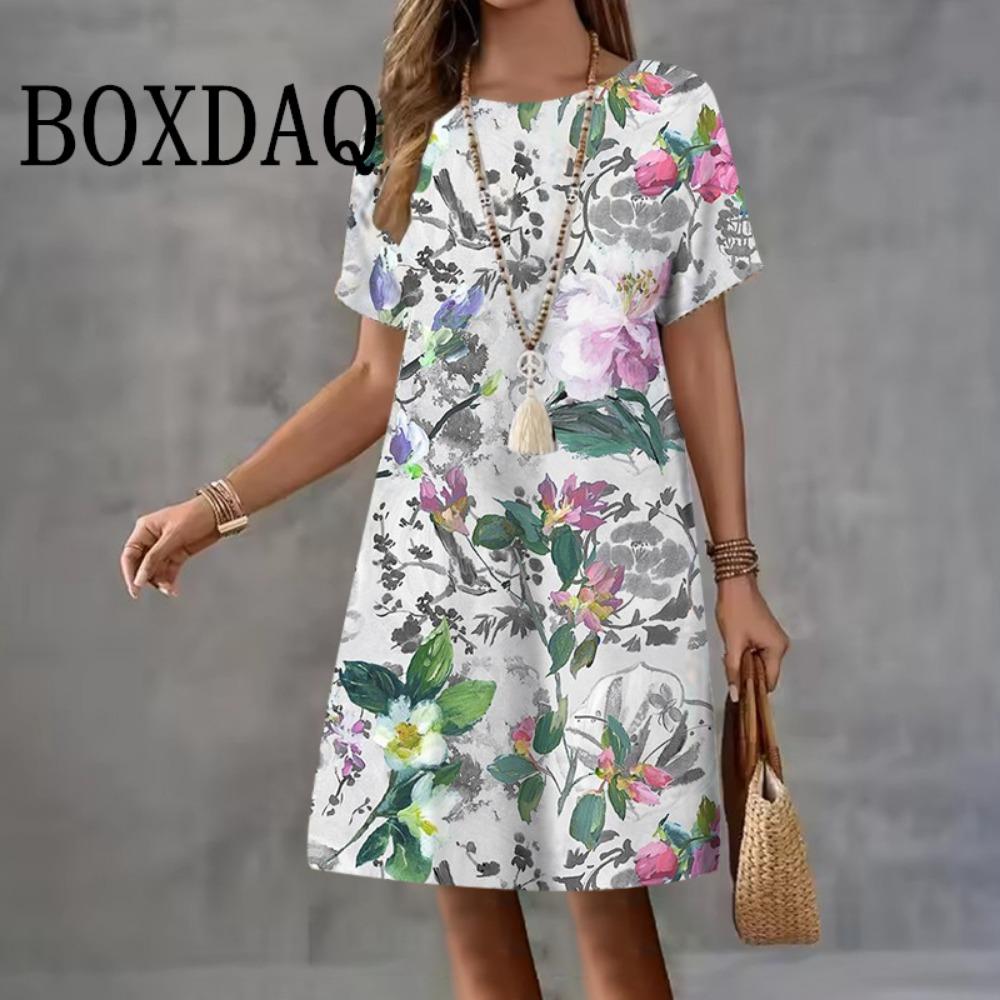Summer Woman Clothing Short Sleeve Dresses Flower Printing Midi Dress 3D Retro Women's Clothing Loose Casual Round Neck Pullover