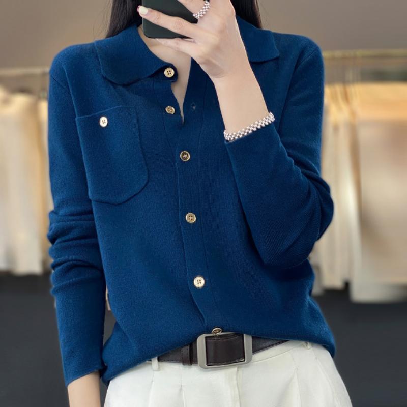 Polo Collar Worsted Wool Knitted Cardigan for Women In Autumn and Winter New Fashionable and Versatile Skin-friendly Sweater Jacket Soft and Warm Top