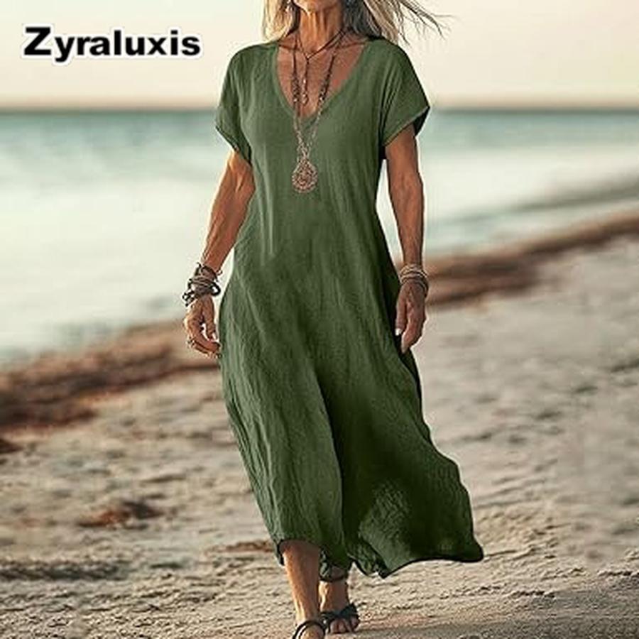 Oversized Solid Color V-Neck Cotton Linen Women's Dress for Women's Clothing