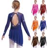 Rochie de Dans pentru Fete Mâneci Lungi din Plasă Transparentă Spate Decupat Hem Asimetric Strasuri Sclipitoare Costum