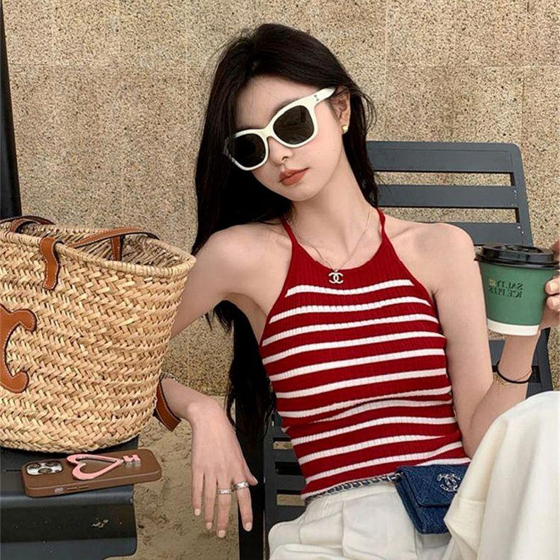 Black Striped Knitted Camisole Tank Top Women's Spring Summer Inner Wear Hot Girl Sexy Backless Outerwear Short Base Layer Top