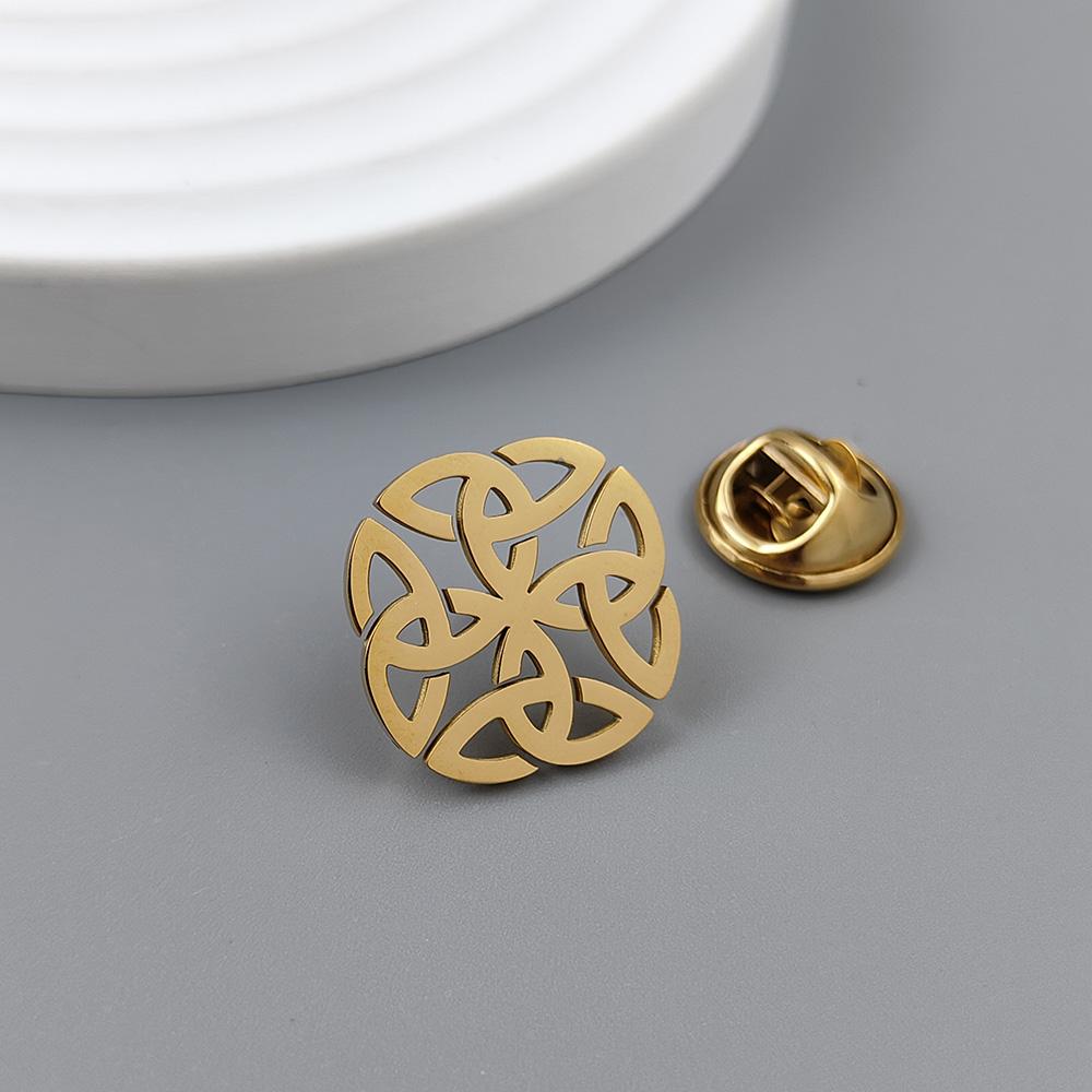 Insignă rotundă cu nod celtic placată cu aur, ac de rever pentru costum, oțel inoxidabil negru, buton anti-călcare pentru femei, broșă pentru bărbați