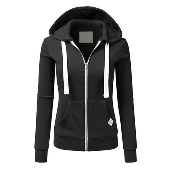 Casual Women Autumn Solid Color Long Sleeve Hoodie Pockets Zipper Sports Coat