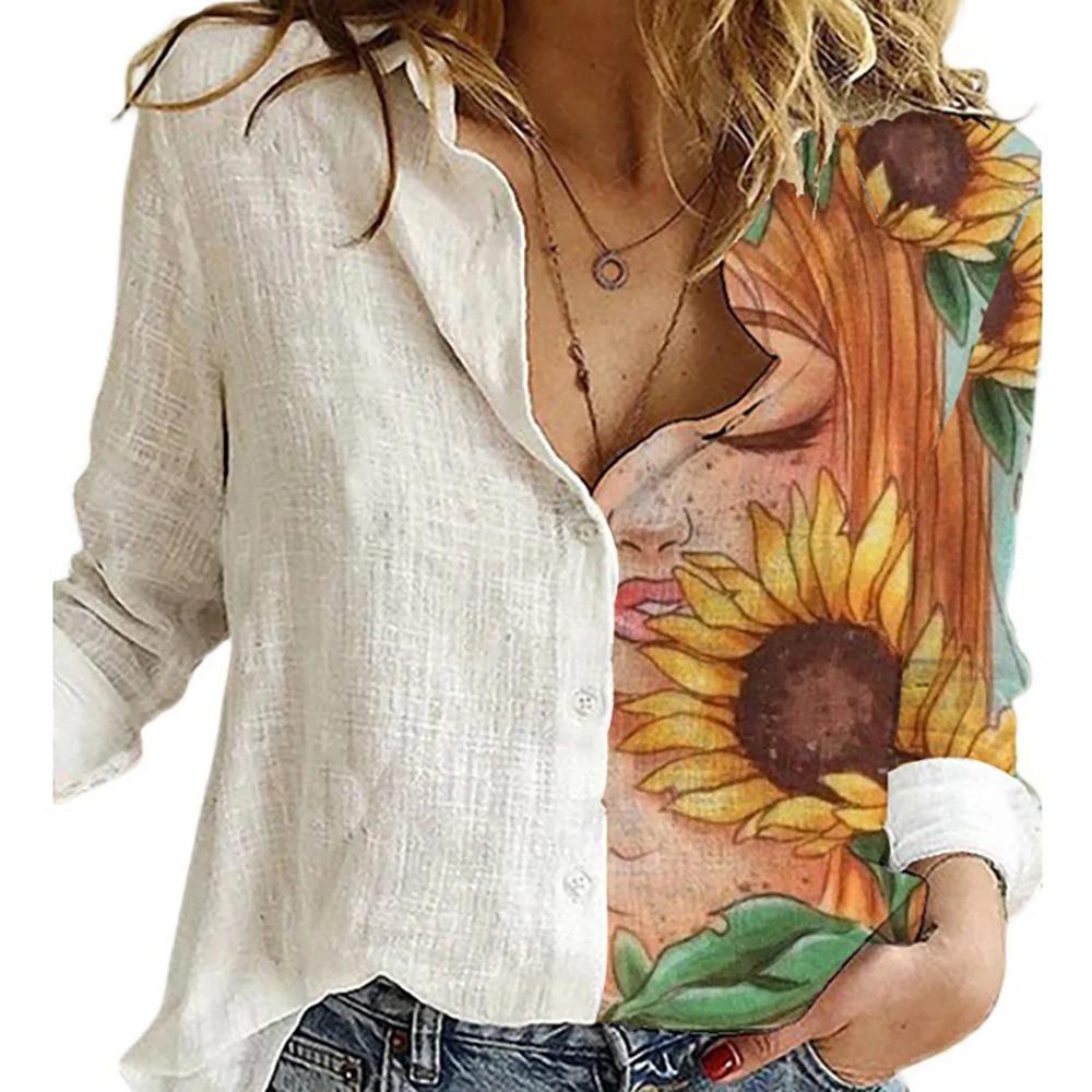 Fashion Stitching Retro Face Print Long Sleeve Blouse Women Lapel Button Casual Top Lady Shirts