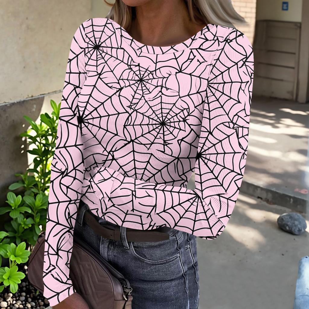 Women Casual Long Sleeve Ribbed Knit Top Halloween Print Round Neck Pullover Slim Fit Stretchy Lightweight Shirt for Fall