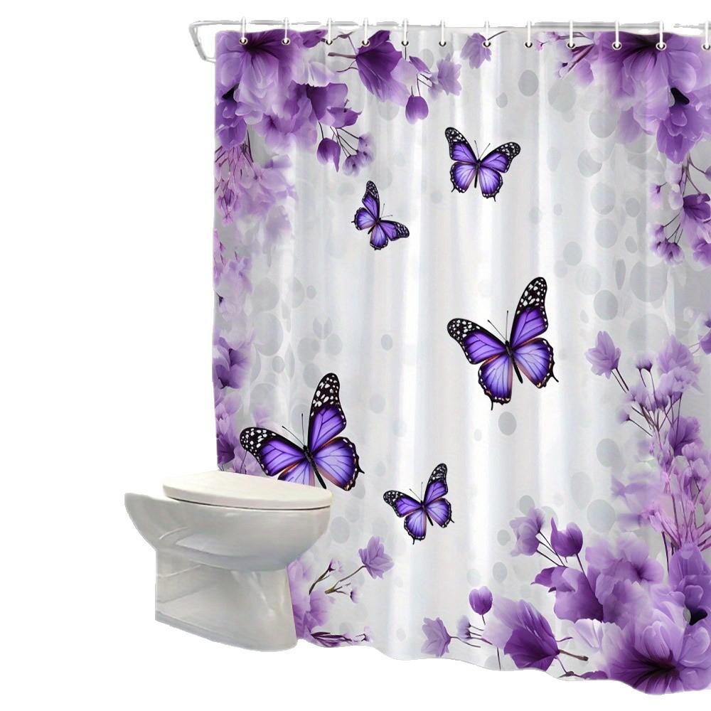 Lavender Flowers And Butterflies Shower Curtain Washable Dirt-Resistant Shower Head Waterproof Polyester Bath Curtain