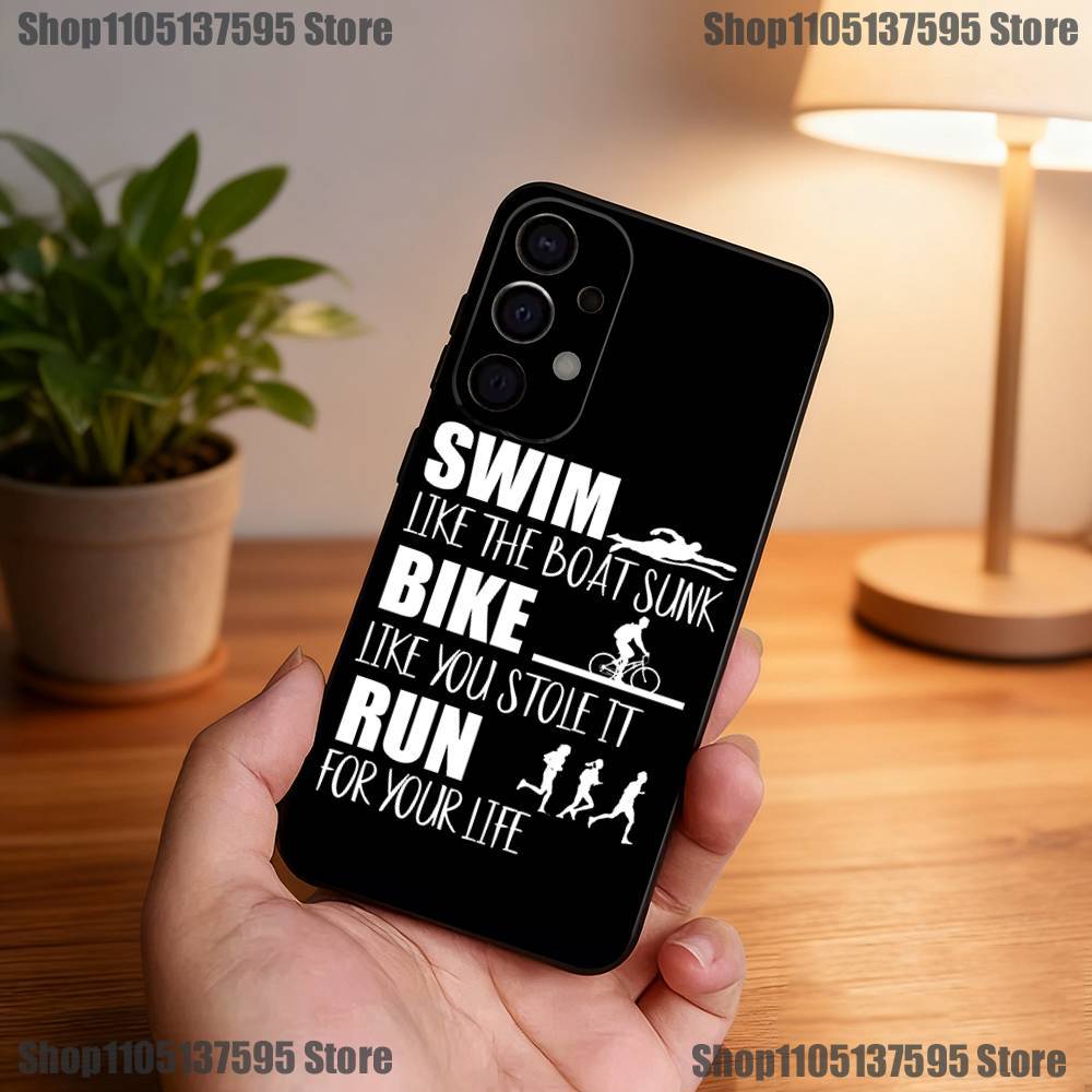 Custodia per Telefono Triathlon Nuoto Bici Corsa Per Samsung S25,S24,S21,S22,S23,S30,Ultra,S20,Plus,Fe,Lite,5G Cover Nera