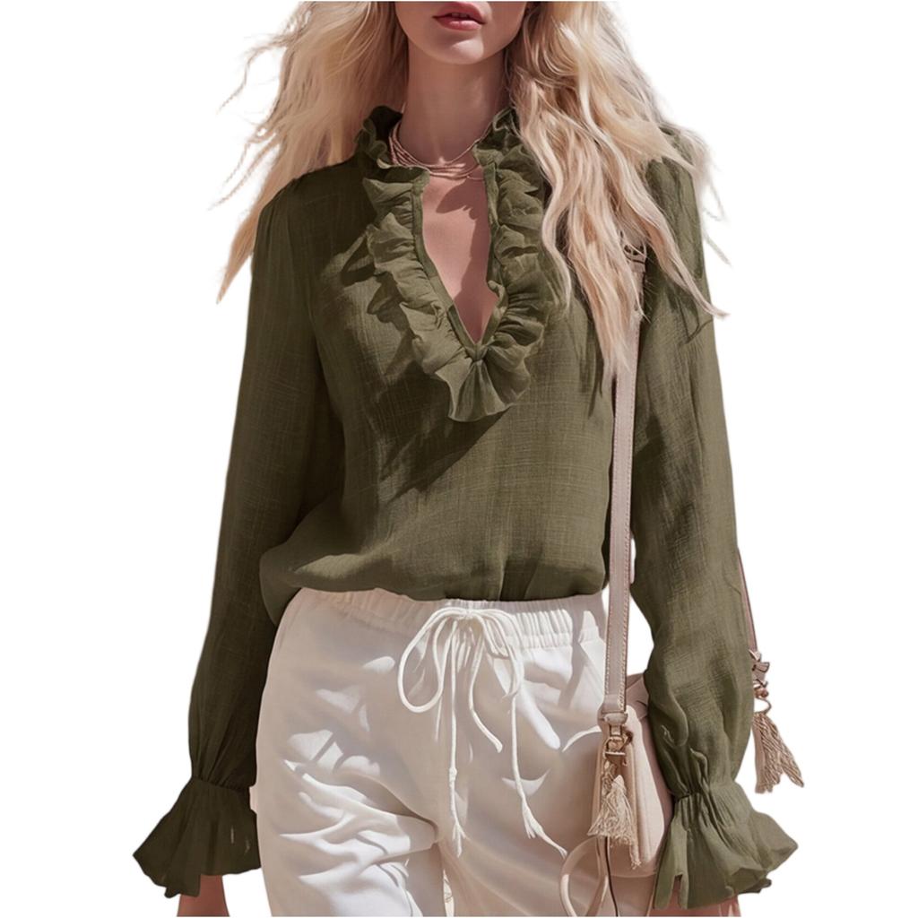 Women's Fashion V Neck Long Sleeve Vintage Ruffle Blouse Pullover Top with Elegant Frill Collar and Cuffs for Casual Wear