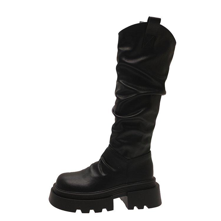 Korean Goods Thick-soled V-mouth Folds Piled High Boots Women Look Thin But Knee Long Boots Increase Height 7cm Big-headed Knight Boots