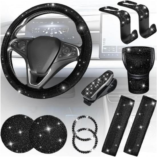 11PCS/Set Bling Car Accessories Set for Women, Rhinestone Vehicle Steering Wheel Cover Seat Belt Cushion Gear Shift Protector Cup Holder Coaster,