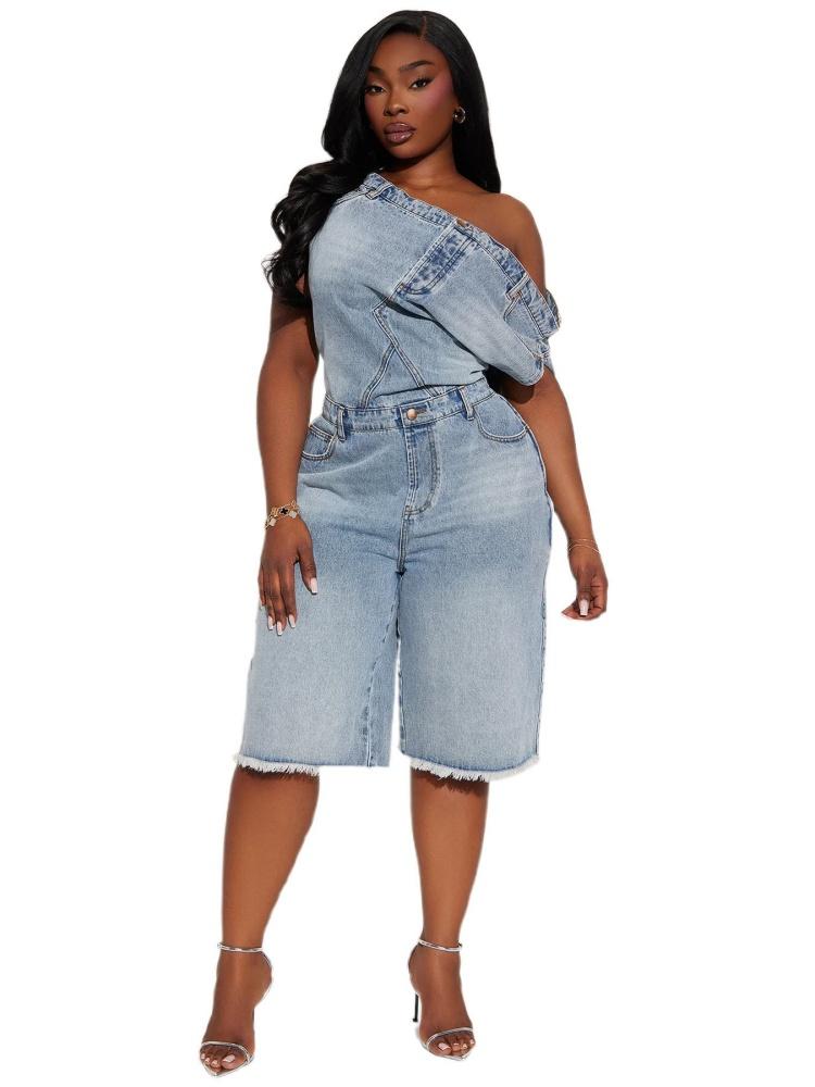 Moda Spalle Scoperte Denim Irregolare Monopezzo Tute Donna Manica Corta Tasca con Bottoni Rompers in Jeans Salopette Femminile Kaluputics