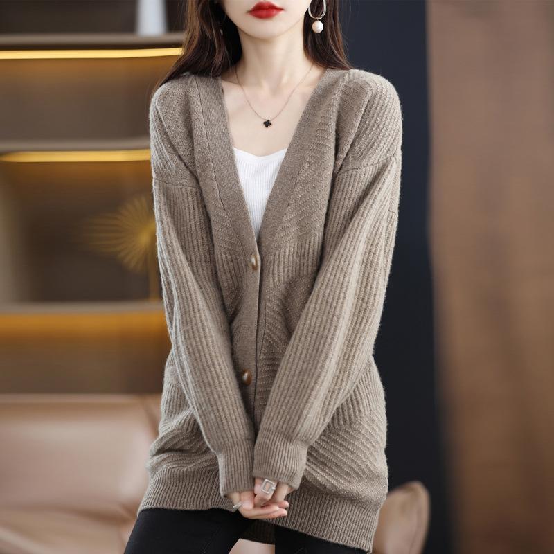 Autumn 2023 Women's Mid-Length Thick Wool Knit Cardigan Sweater Coat