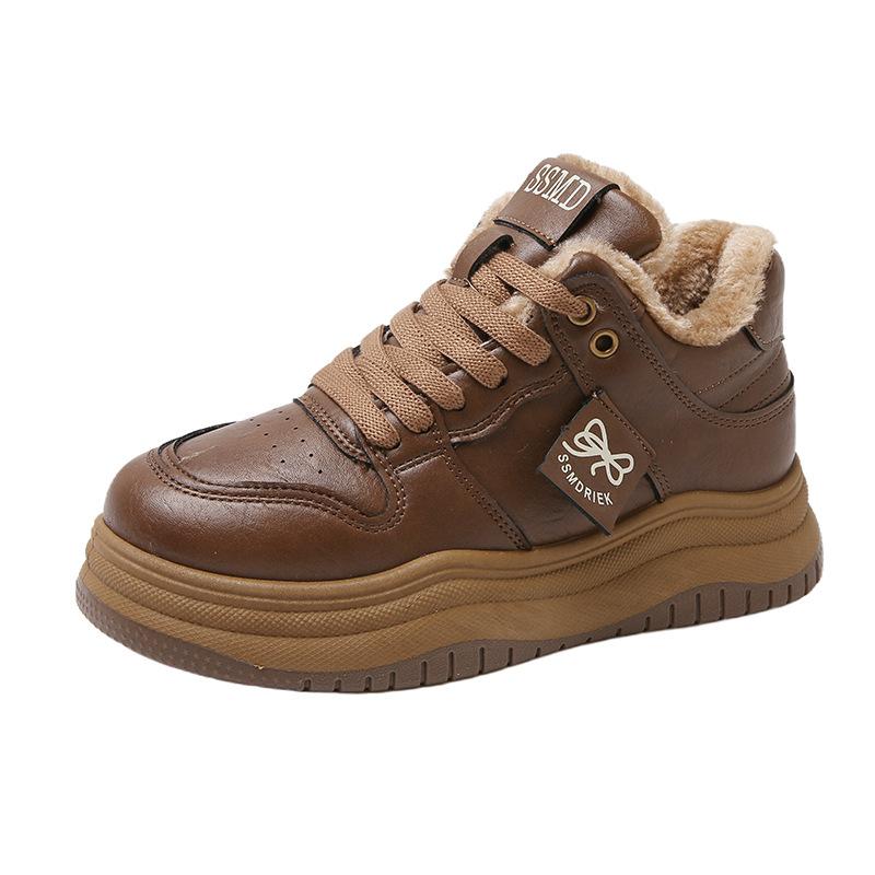 Leather high-top shoes children's versatile platform casual sports shoes winter new velvet thickened warm cotton shoes