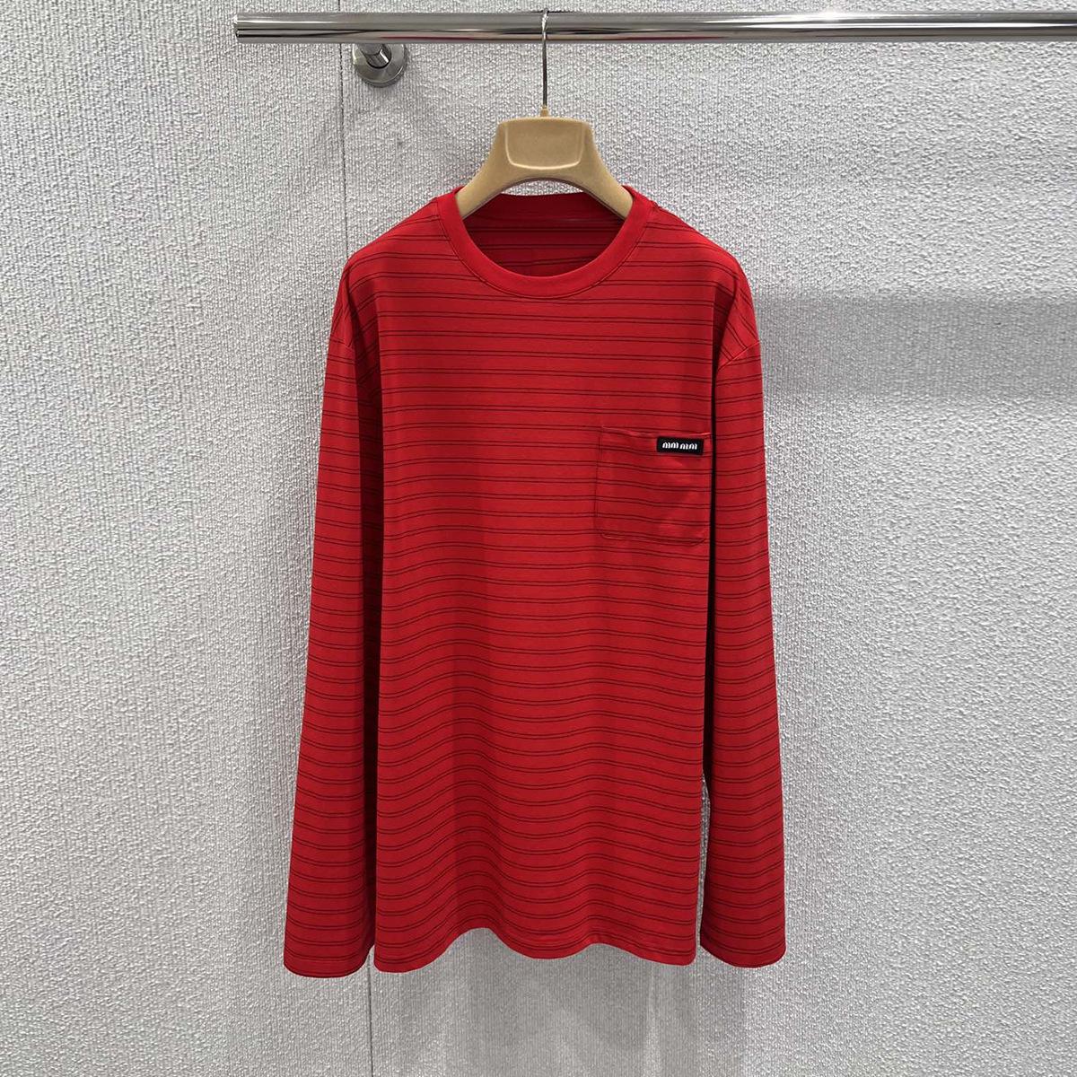 Unisex Striped Long Sleeve Red Cotton Tee with Miu Style Logo Embroidery Medium