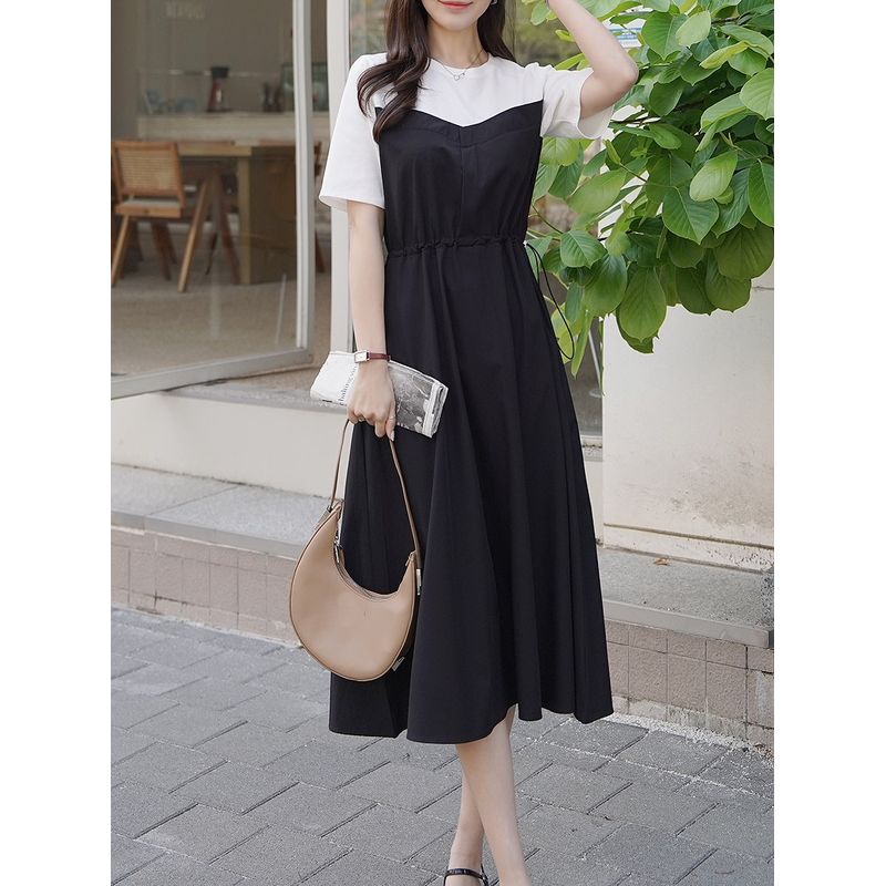 K-style Fashion Commuter Plus Size Women's round Neck Patchwork Fake Two-Piece Elastic and Waisted Shoulder Slim Looking Short Sleeve Dress