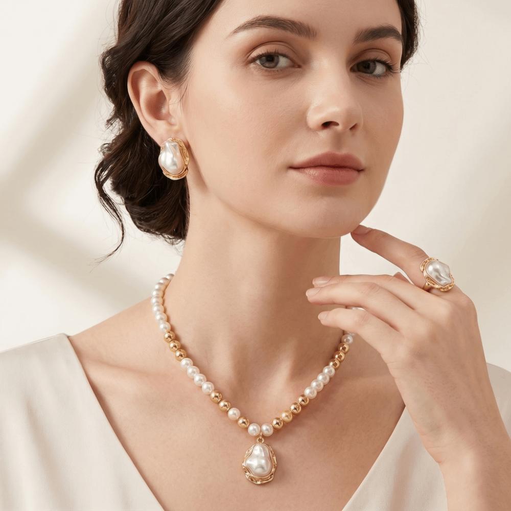 Elegant Style Artificial Pearl Jewelry Set Irregular Design Earrings Necklace Ring Set Women