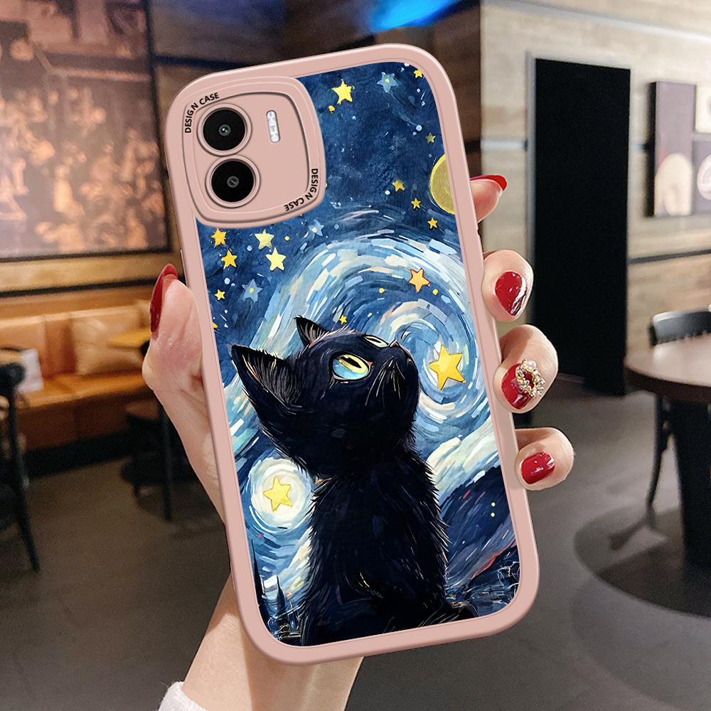 The Starry Night Black Cat PU Leather Phone Case for iPhone 15 14 13 12 Pro Max Samsung Galaxy S23 Ultra S20 FE A52 Redmi Xiaomi POCO Soft Cover
