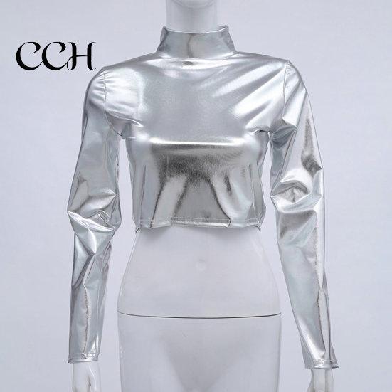 Club Crop Top Women Glossy Faux Leather Half-high Collar Solid Color Waist-exposed Long Sleeve Skinny Pullover Elastic Nightclub Stage Show