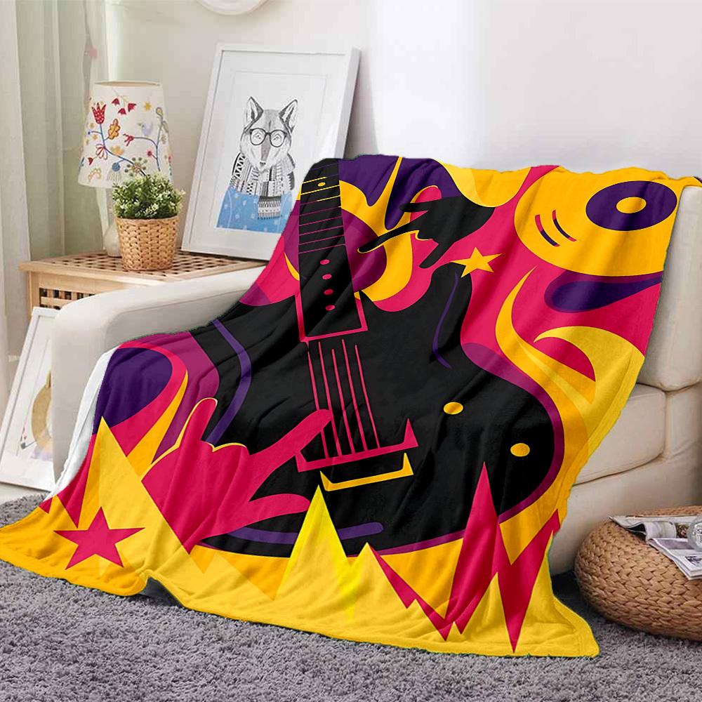 1pc Guitar Music Print Blanket - Lightweight Flannel Throw Blanket For Sofa, Bed, Living Room, Office, Outdoor Travel, Camping, Soft All-Season074