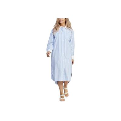 Originals Premium Essentials Poplin Cămașă cu Dungi cu Mâneci Lungi și Guler Pătrat pentru Femei Rochii Albastru IC5296