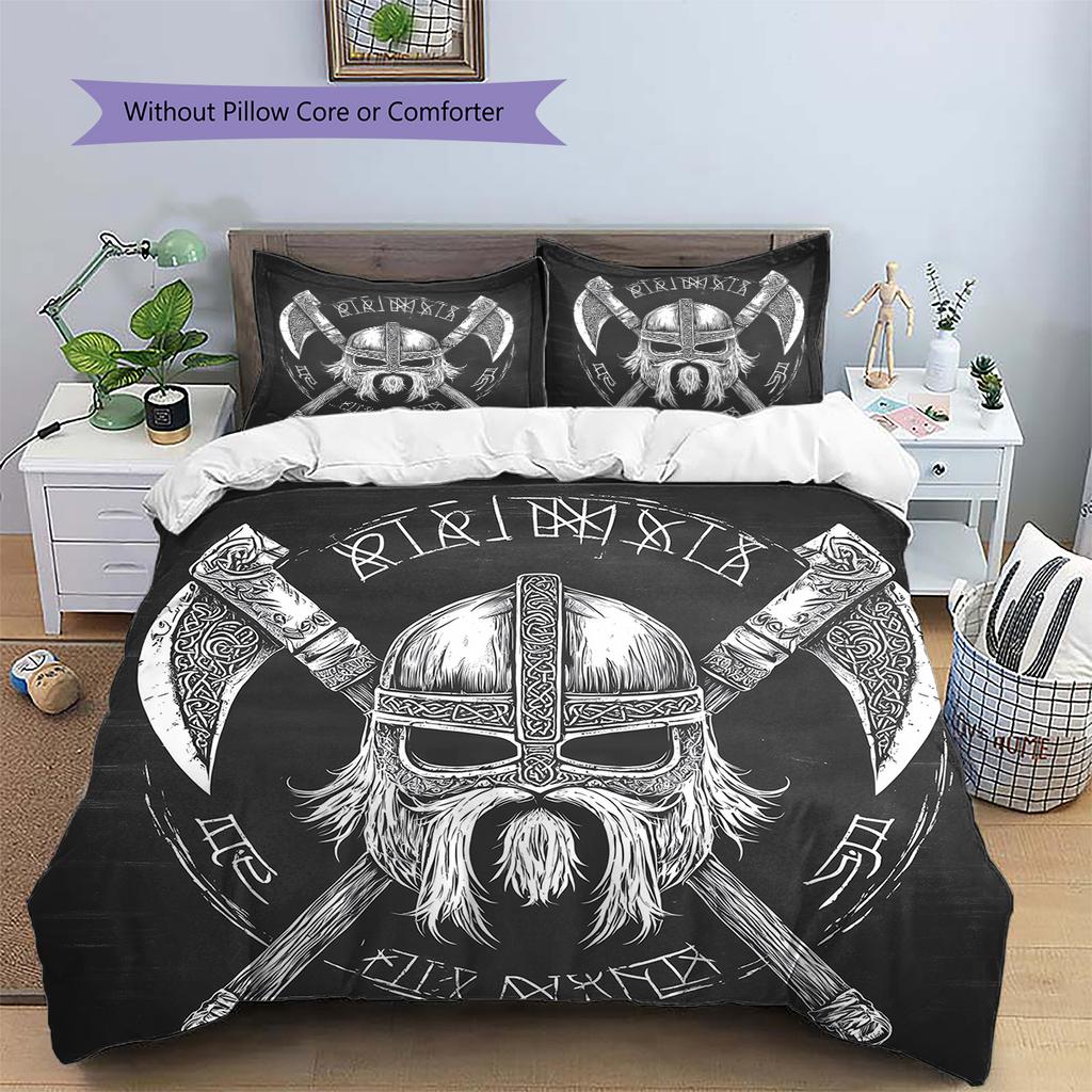Wikinger-Krieger Muster Bettwäsche Steppdecke Set Bettbezug Kissenbezug Heimdekoration Geschenk (1 Bettbezug + 2 Kissenbezüge, ohne Füllung)