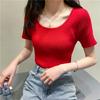 New Summer Round Neck Knitted Short Sleeve T-shirt Women Slim Fit Elastic Solid Casual Women's T Shirts Tops Fashion Elegant Simple Female Tee 26319