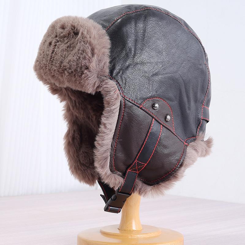 Retro pilot hat men's and women's winter velvet PU leather warm Lei Feng hat Northeast outdoor cycling ear protection hat