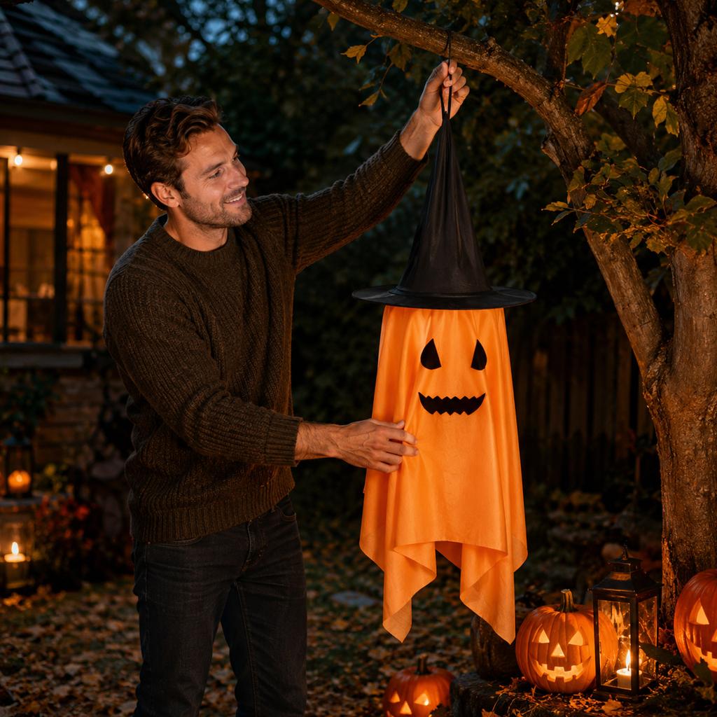 Halloween Hanging Ghost Decoration with Witch Hat Indoor Outdoor Party Ornament Hanging Ghost Figure for Event Venue Decoration