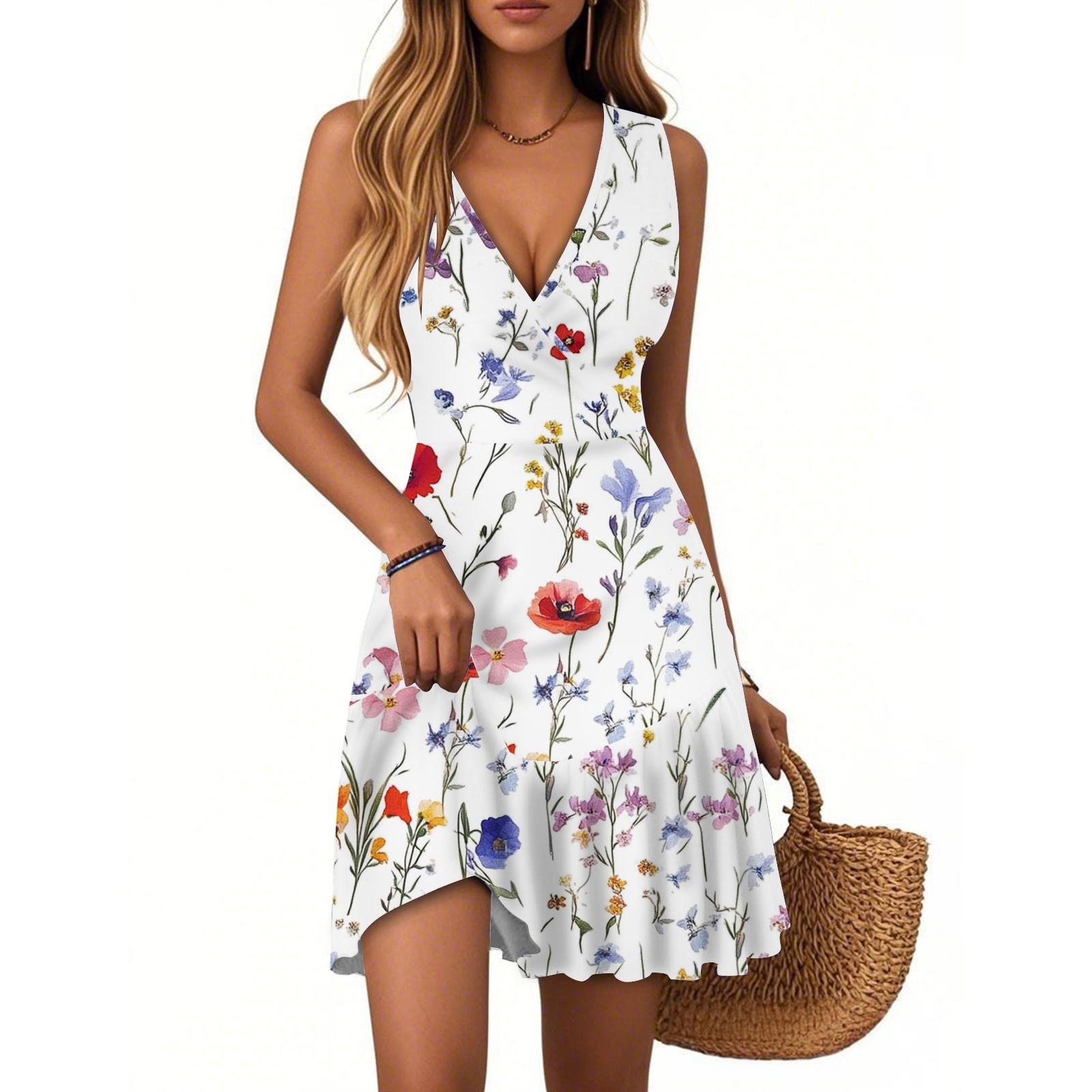 

Women s Dress V-neck Sleeveless Casual Floral Print Hem Pleated Dress XXL білий